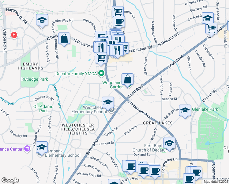 map of restaurants, bars, coffee shops, grocery stores, and more near 1010 Clairemont Avenue in Decatur