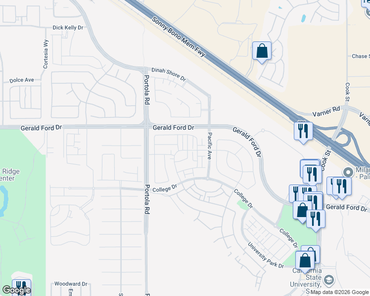 map of restaurants, bars, coffee shops, grocery stores, and more near 35963 Bertain Drive in Palm Desert