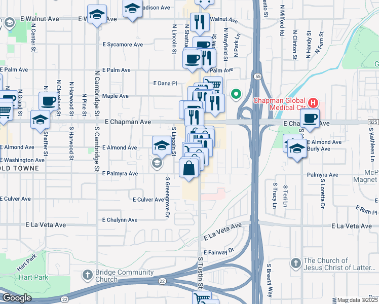 map of restaurants, bars, coffee shops, grocery stores, and more near 209 South Shattuck Place in Orange
