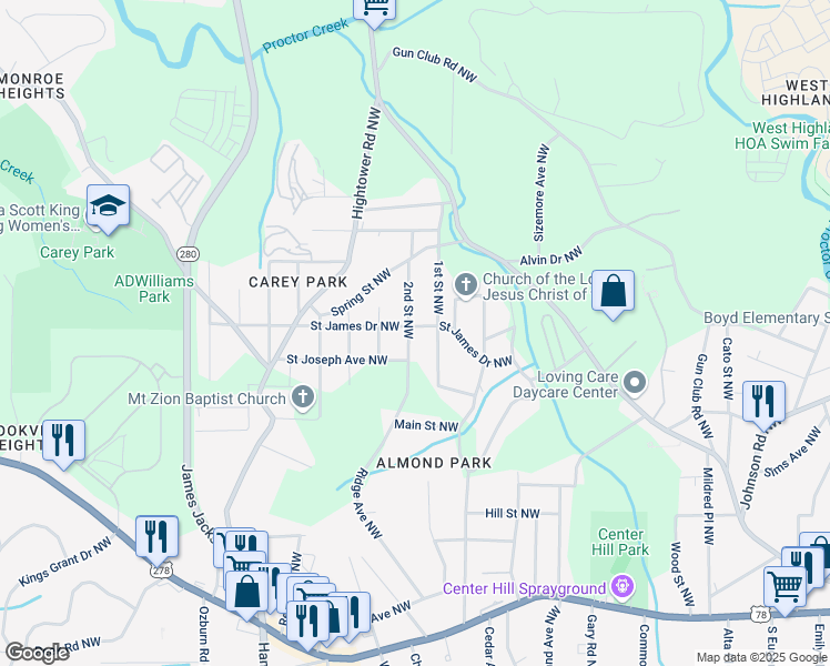 map of restaurants, bars, coffee shops, grocery stores, and more near 132 2nd Street Northwest in Atlanta