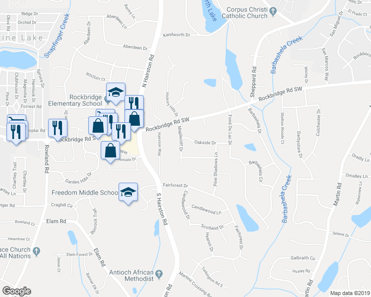 map of restaurants, bars, coffee shops, grocery stores, and more near 446 Maplecliff Drive in Stone Mountain