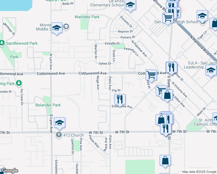 map of restaurants, bars, coffee shops, grocery stores, and more near 1113 Juniper Court in San Jacinto