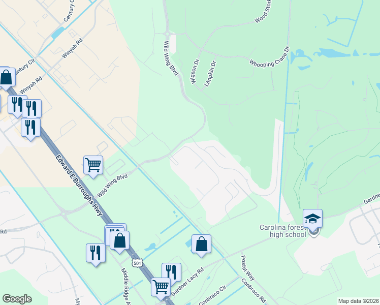 map of restaurants, bars, coffee shops, grocery stores, and more near 308 Wild Wing Boulevard in Conway