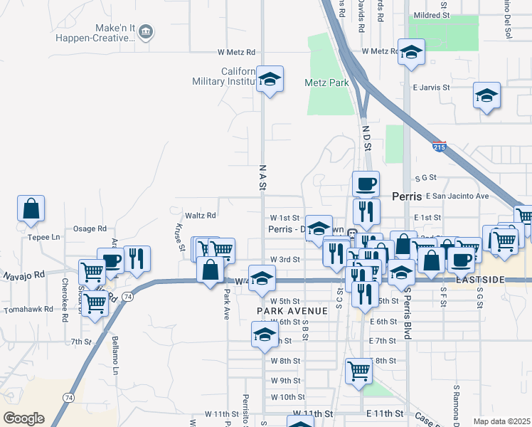 map of restaurants, bars, coffee shops, grocery stores, and more near 388 West 1st Street in Perris