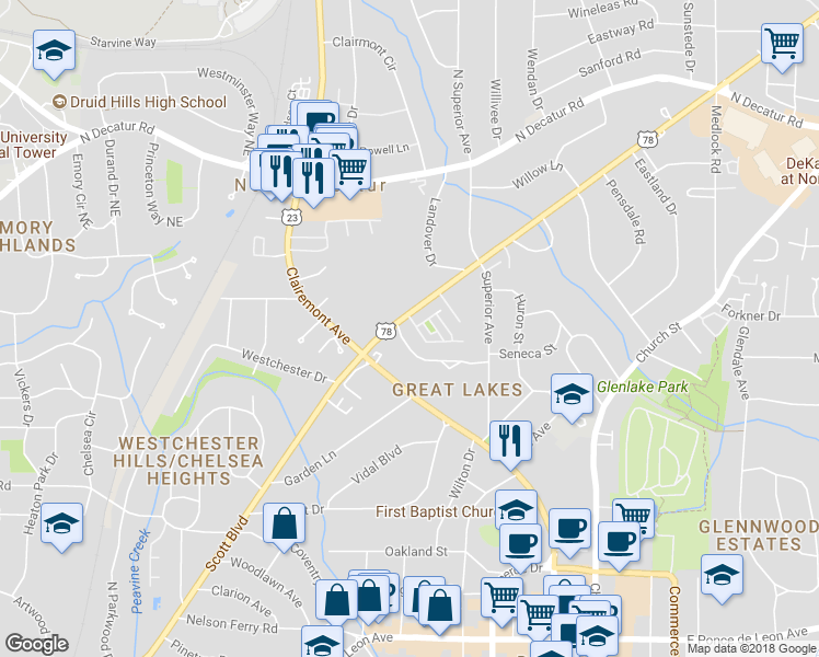 map of restaurants, bars, coffee shops, grocery stores, and more near 2 Arbor Way Drive in Decatur