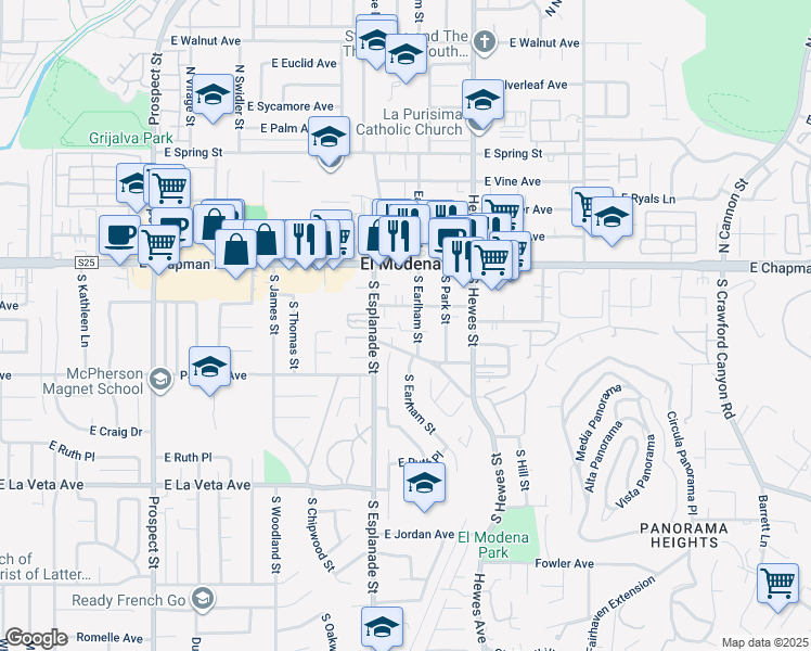 map of restaurants, bars, coffee shops, grocery stores, and more near 4225 East Court Avenue in Orange