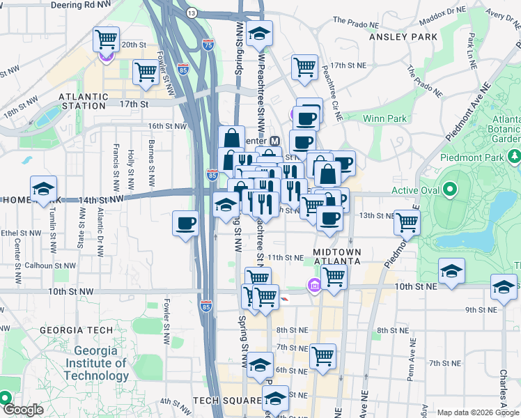 map of restaurants, bars, coffee shops, grocery stores, and more near West Peachtree Street Northwest in Atlanta