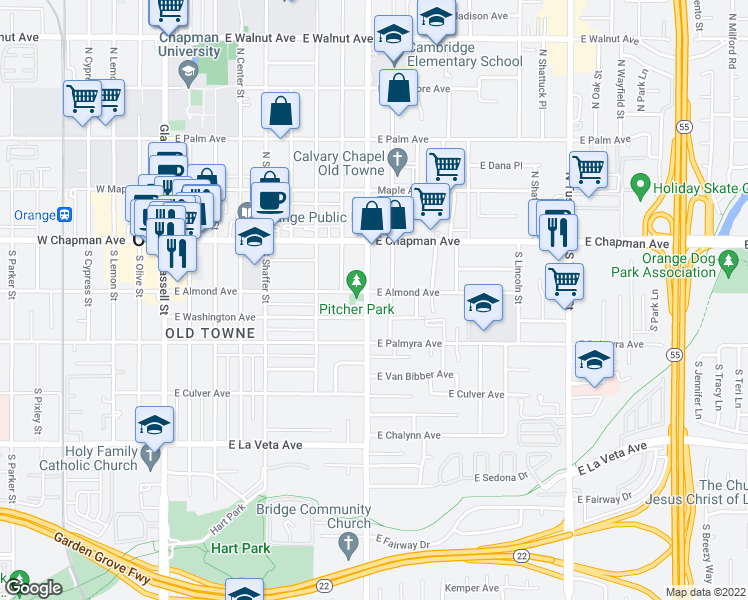 map of restaurants, bars, coffee shops, grocery stores, and more near 219 South Cambridge Street in Orange