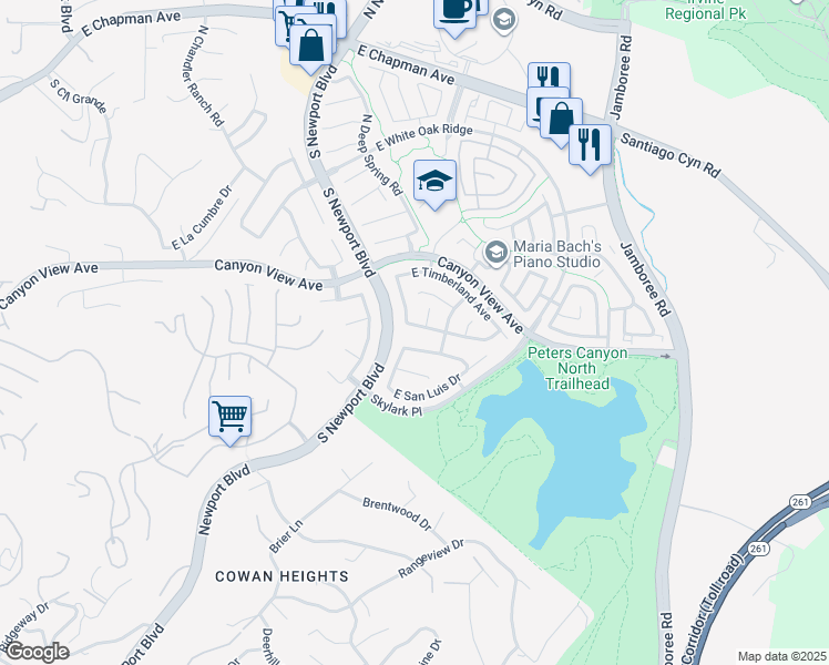 map of restaurants, bars, coffee shops, grocery stores, and more near 204 South Amberwood Street in Orange