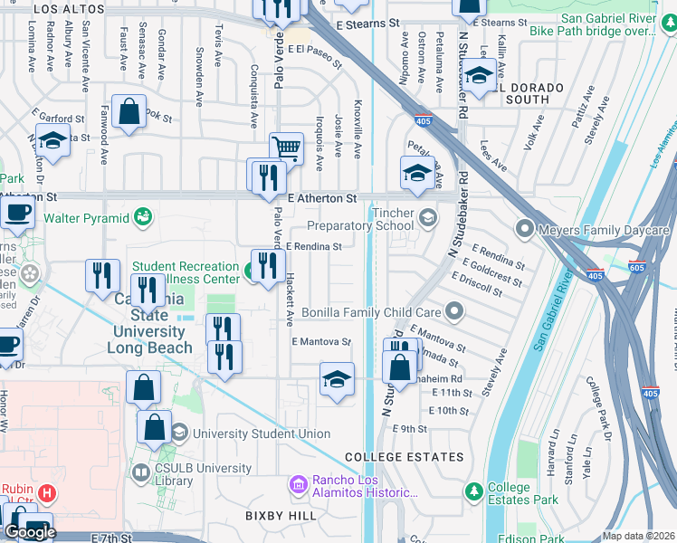 map of restaurants, bars, coffee shops, grocery stores, and more near 6510 East Driscoll Street in Long Beach