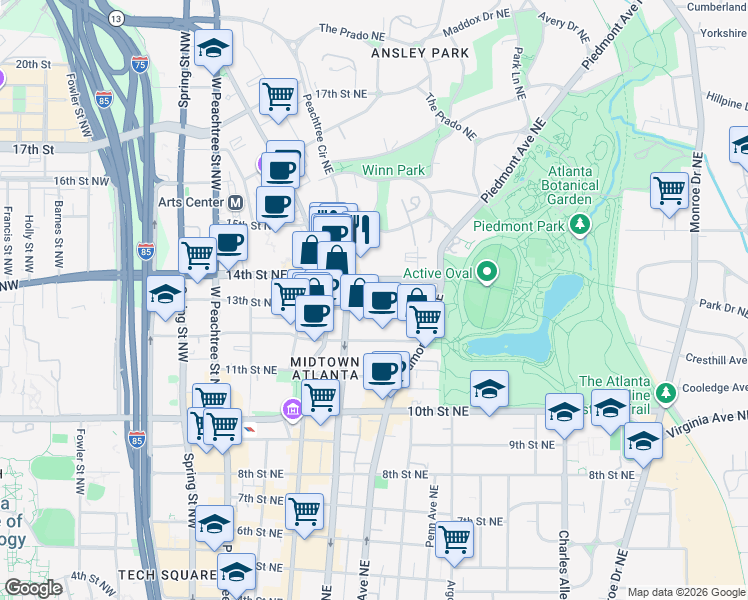 map of restaurants, bars, coffee shops, grocery stores, and more near 195 14th Street Northeast in Atlanta
