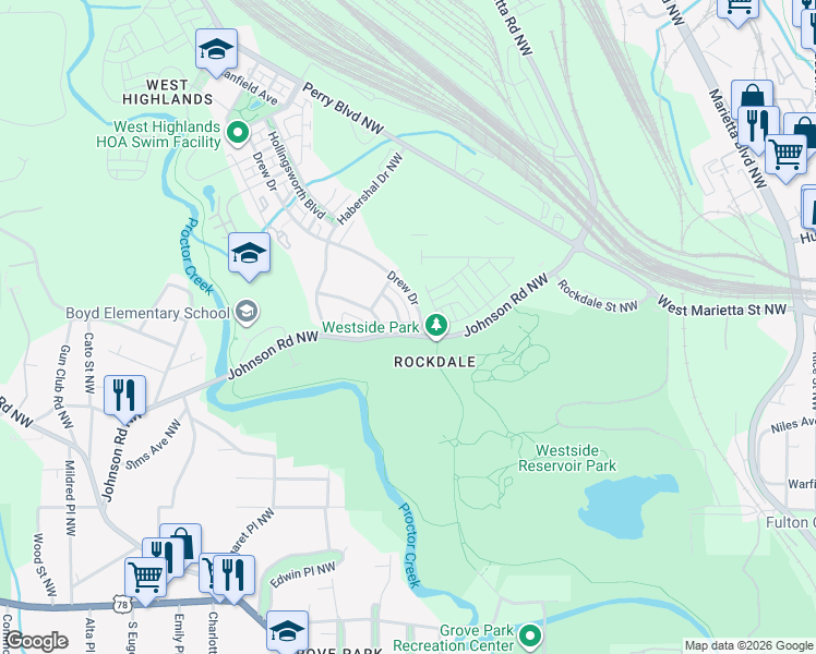 map of restaurants, bars, coffee shops, grocery stores, and more near 1602 Johnson Road Northwest in Atlanta