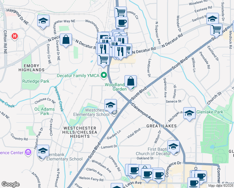 map of restaurants, bars, coffee shops, grocery stores, and more near 1010 Clairemont Avenue in Decatur