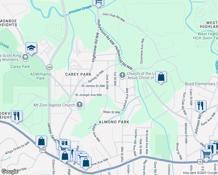 map of restaurants, bars, coffee shops, grocery stores, and more near 1137 2nd Street Northwest in Atlanta