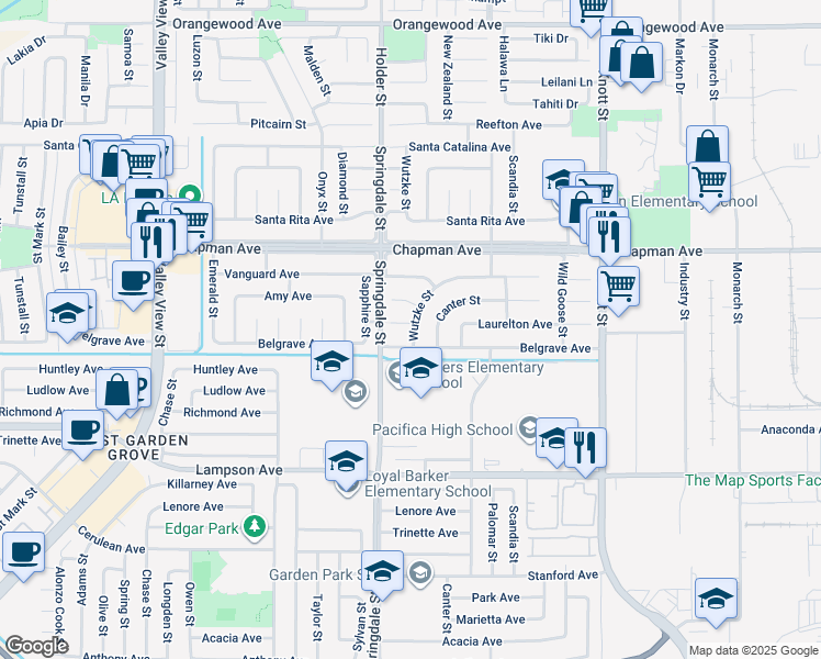 map of restaurants, bars, coffee shops, grocery stores, and more near 6570 Laurelton Avenue in Garden Grove