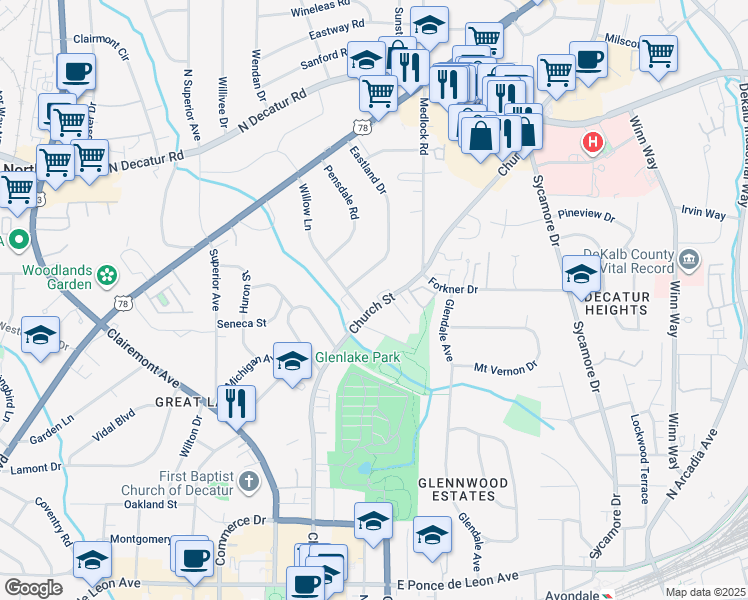 map of restaurants, bars, coffee shops, grocery stores, and more near 1210 Church Street in Decatur