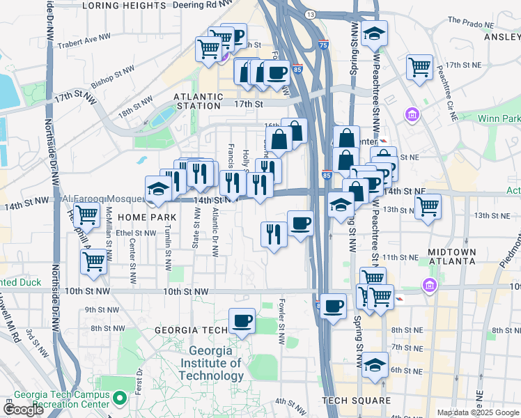 map of restaurants, bars, coffee shops, grocery stores, and more near 250 14th Street Northwest in Atlanta