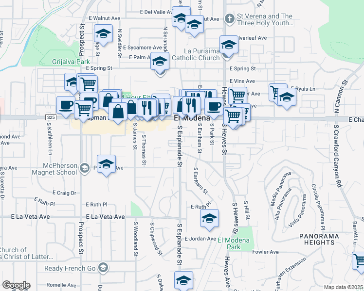 map of restaurants, bars, coffee shops, grocery stores, and more near 198 South Esplanade Street in Orange