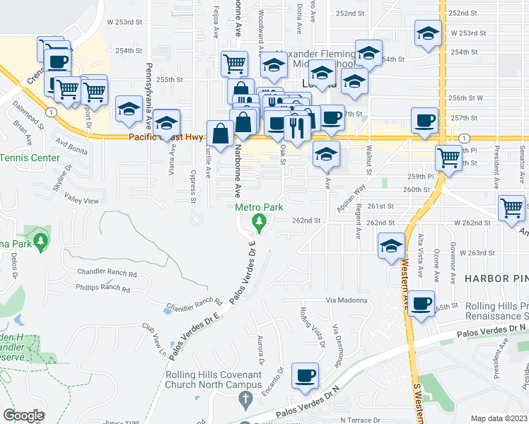 map of restaurants, bars, coffee shops, grocery stores, and more near 26107 Oak Street in Lomita