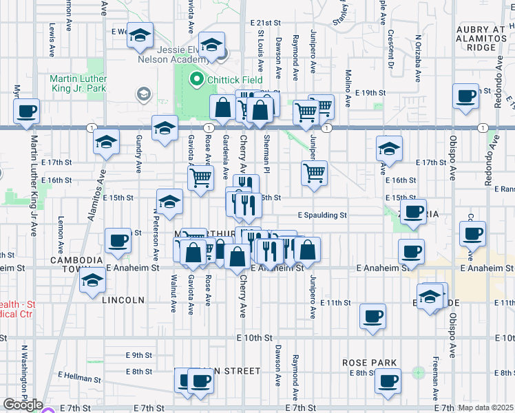 map of restaurants, bars, coffee shops, grocery stores, and more near 2039 East Spaulding Way in Long Beach