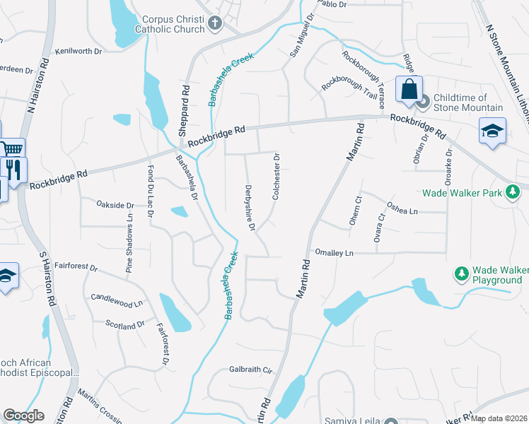 map of restaurants, bars, coffee shops, grocery stores, and more near 412 Derbyshire Drive in Stone Mountain