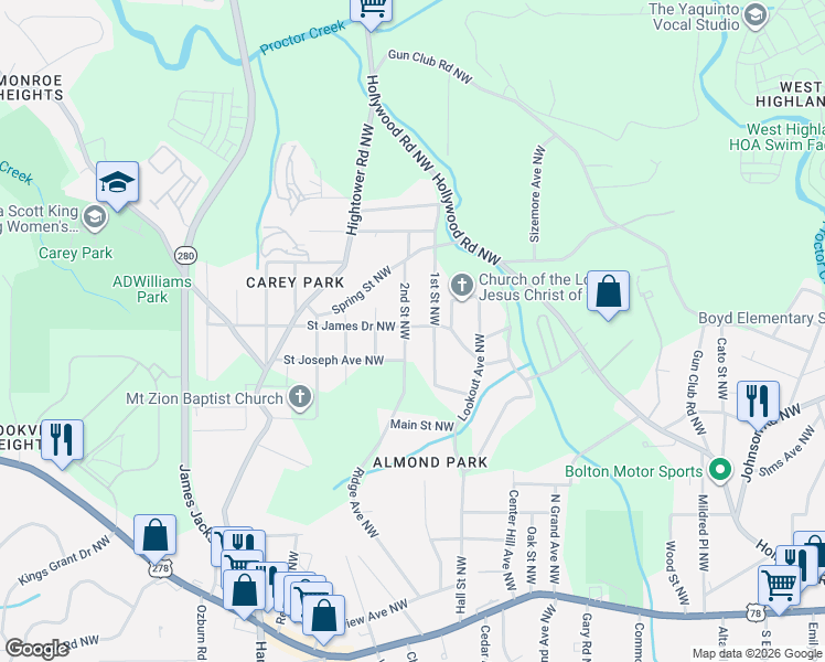 map of restaurants, bars, coffee shops, grocery stores, and more near 1137 2nd Street Northwest in Atlanta