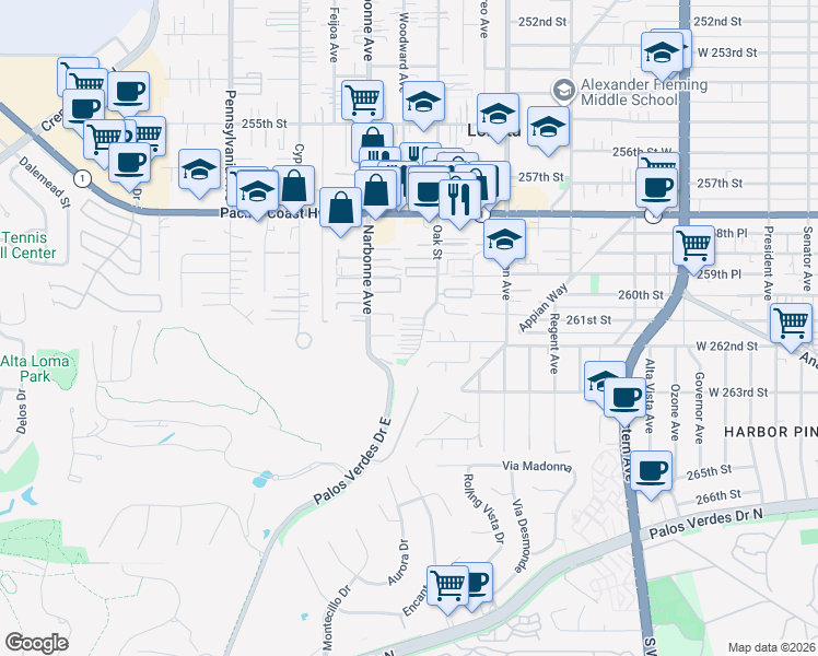 map of restaurants, bars, coffee shops, grocery stores, and more near 26105 Oak Street in Lomita