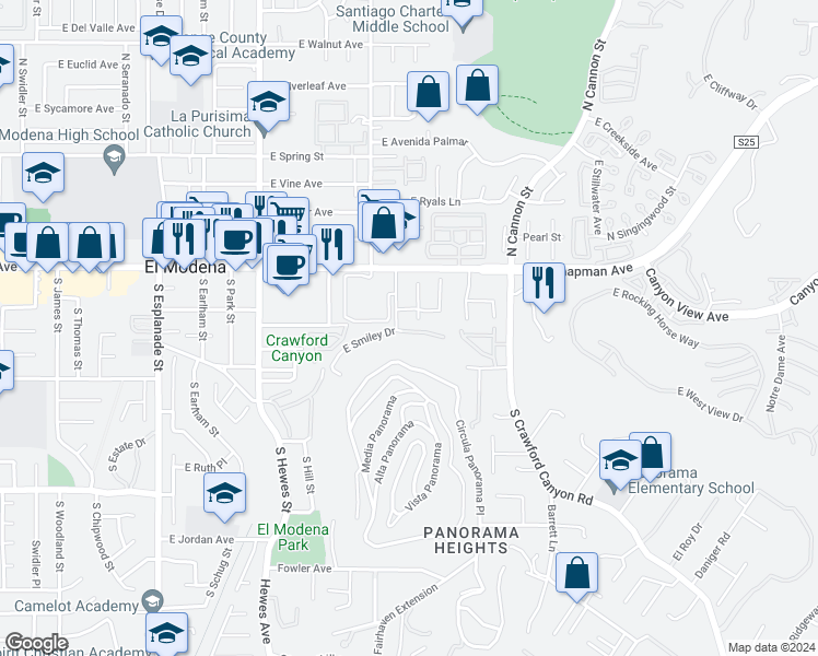 map of restaurants, bars, coffee shops, grocery stores, and more near 19071 East Smiley Drive in Orange