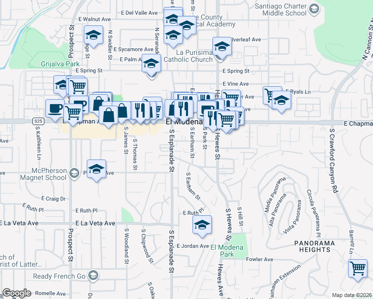 map of restaurants, bars, coffee shops, grocery stores, and more near 4225 East Court Avenue in Orange