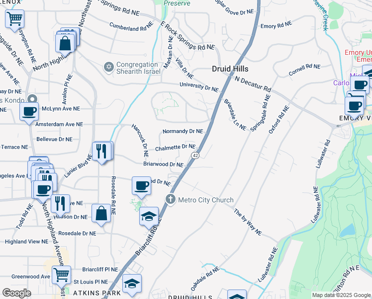 map of restaurants, bars, coffee shops, grocery stores, and more near 1371 Chalmette Drive Northeast in Atlanta