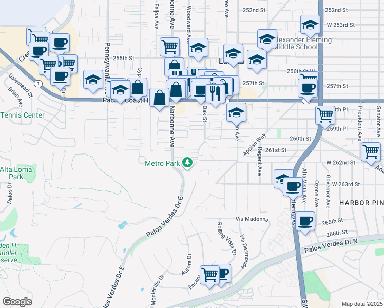 map of restaurants, bars, coffee shops, grocery stores, and more near 26107 Oak Street in Lomita