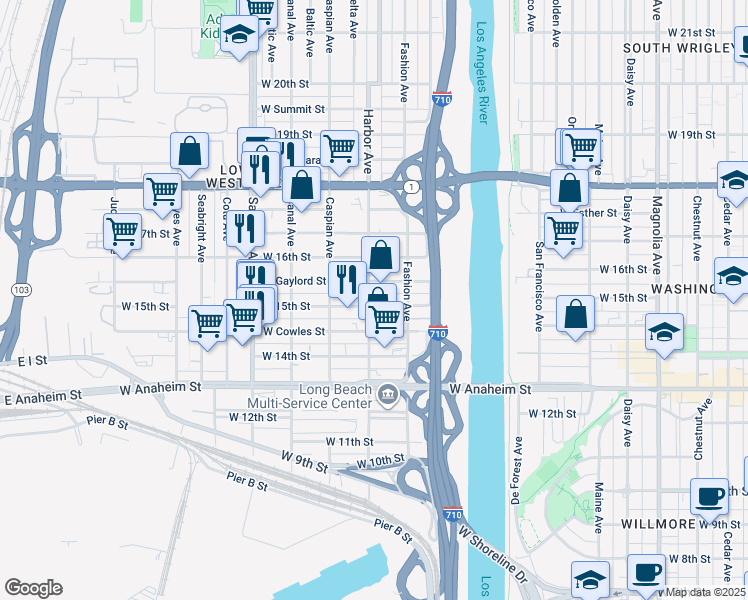 map of restaurants, bars, coffee shops, grocery stores, and more near 1395 West 15th Street in Long Beach