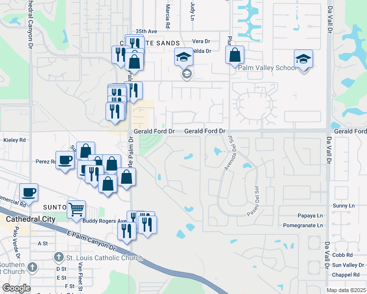 map of restaurants, bars, coffee shops, grocery stores, and more near 183 Orontes Way in Cathedral City