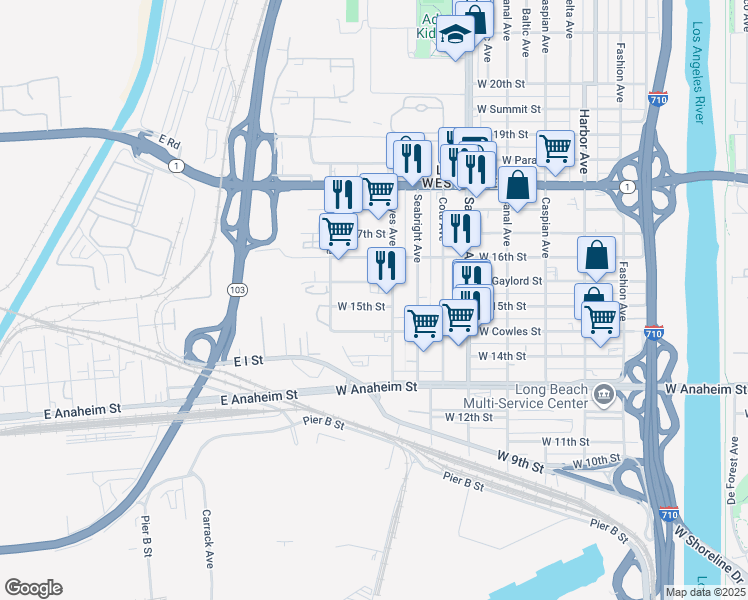 map of restaurants, bars, coffee shops, grocery stores, and more near 2035 West 15th Street in Long Beach