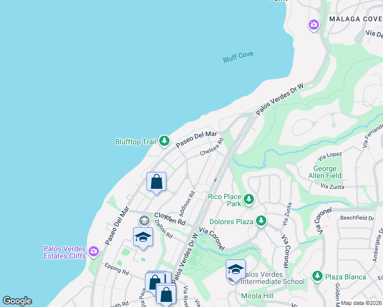 map of restaurants, bars, coffee shops, grocery stores, and more near 1525 Chelsea Road in Palos Verdes Estates