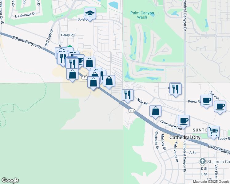 map of restaurants, bars, coffee shops, grocery stores, and more near 10 Eisenhower in Cathedral City