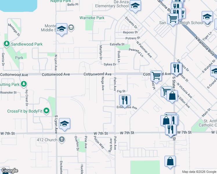 map of restaurants, bars, coffee shops, grocery stores, and more near 225 Noga Avenue in San Jacinto