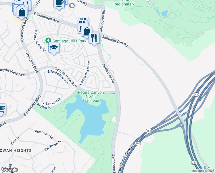 map of restaurants, bars, coffee shops, grocery stores, and more near 211 South Grisly Canyon Drive in Orange