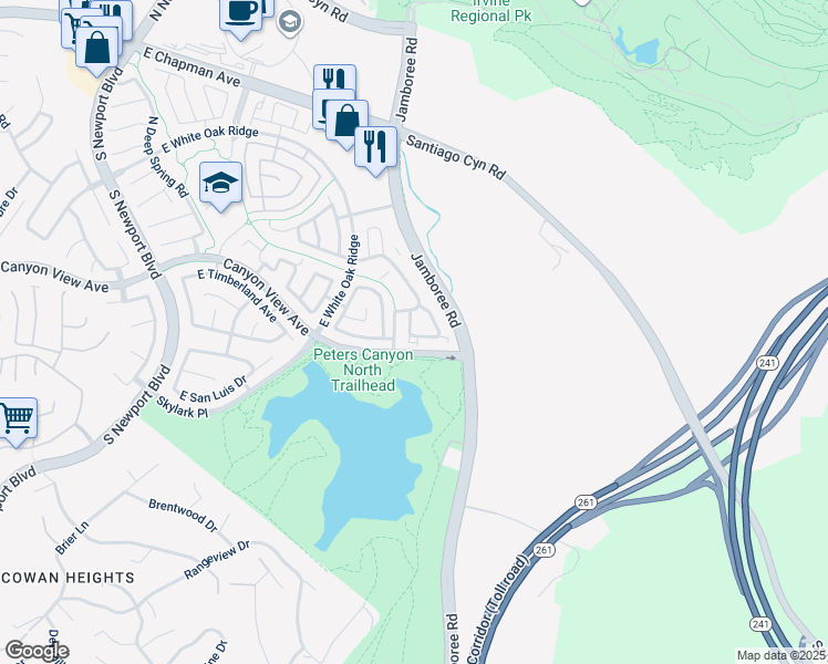 map of restaurants, bars, coffee shops, grocery stores, and more near 211 South Grisly Canyon Drive in Orange