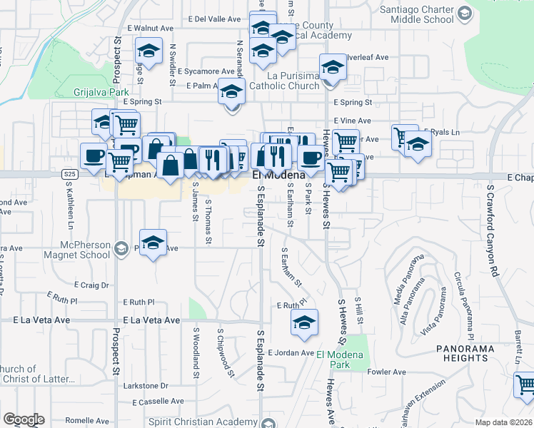 map of restaurants, bars, coffee shops, grocery stores, and more near 217 South Esplanade Street in Orange