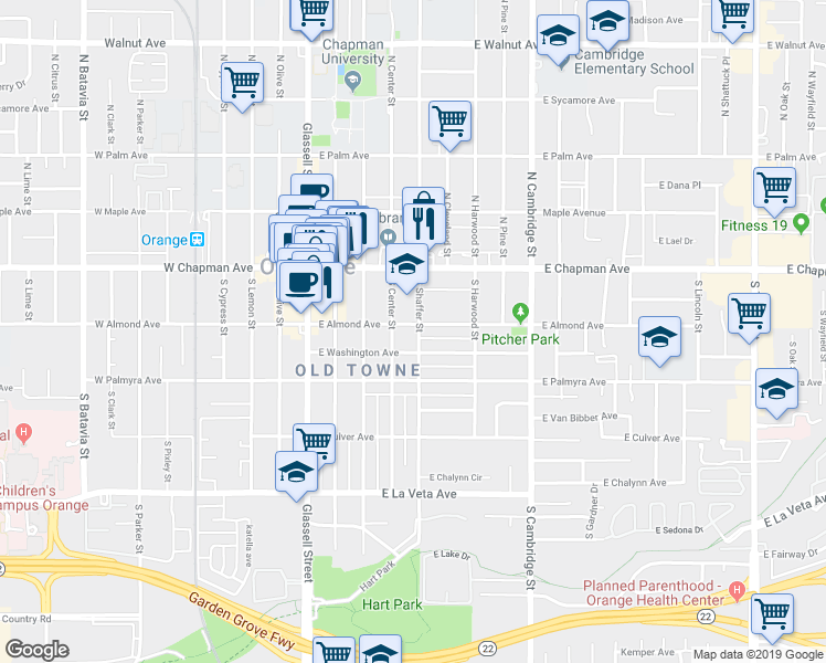 map of restaurants, bars, coffee shops, grocery stores, and more near 440 East Almond Avenue in Orange