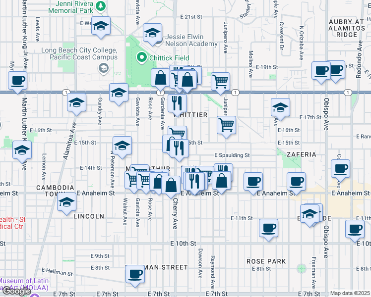 map of restaurants, bars, coffee shops, grocery stores, and more near 2024 East 15th Street in Long Beach
