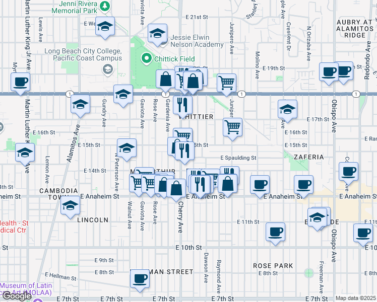 map of restaurants, bars, coffee shops, grocery stores, and more near 2024 East 15th Street in Long Beach