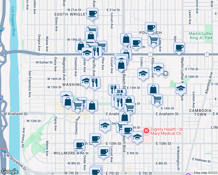 map of restaurants, bars, coffee shops, grocery stores, and more near 1532 Locust Avenue in Long Beach