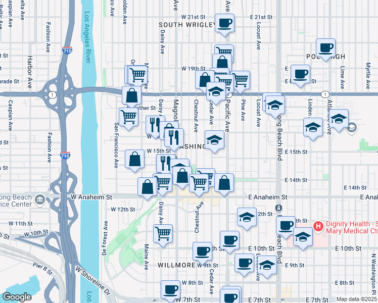 map of restaurants, bars, coffee shops, grocery stores, and more near 1486 Henderson Avenue in Long Beach