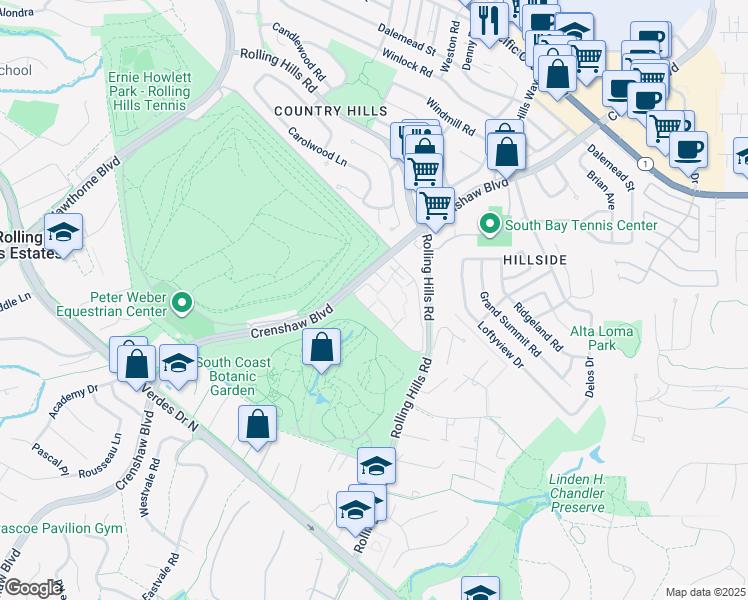 map of restaurants, bars, coffee shops, grocery stores, and more near 3623 West Hidden Lane in Rolling Hills Estates