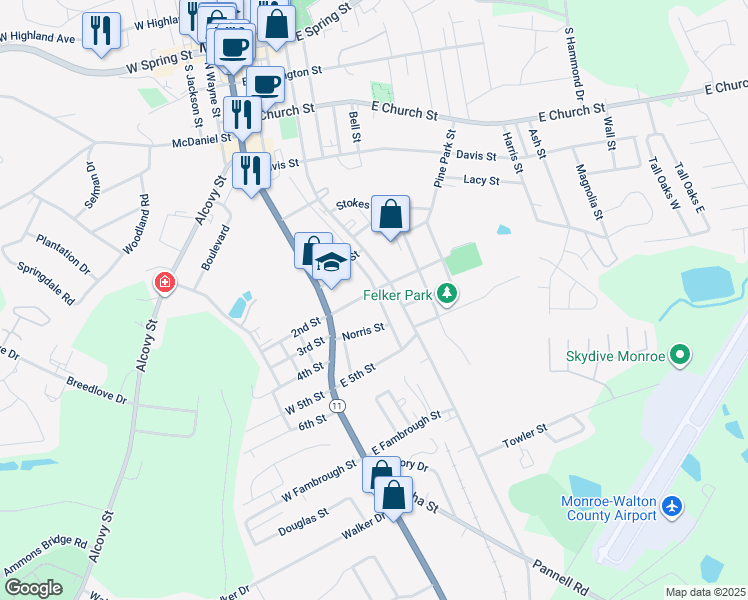 map of restaurants, bars, coffee shops, grocery stores, and more near 119 Mill Street in Monroe