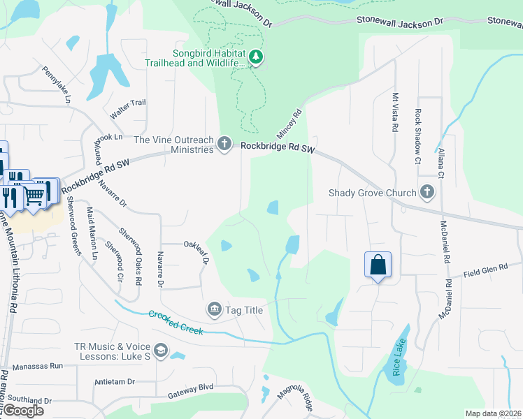map of restaurants, bars, coffee shops, grocery stores, and more near 420 Valley Lake Drive in Stone Mountain
