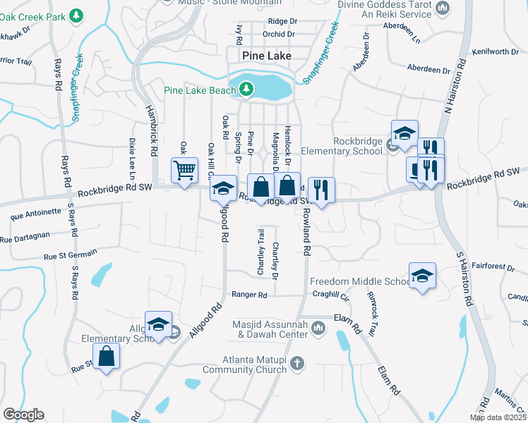map of restaurants, bars, coffee shops, grocery stores, and more near 4599 Rockbridge Road Southwest in Stone Mountain