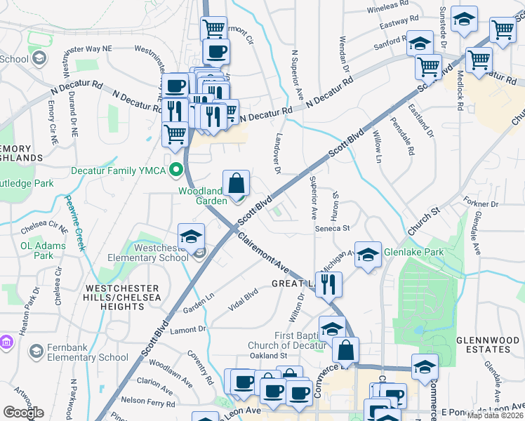 map of restaurants, bars, coffee shops, grocery stores, and more near 2 Arbor Way Drive in Decatur